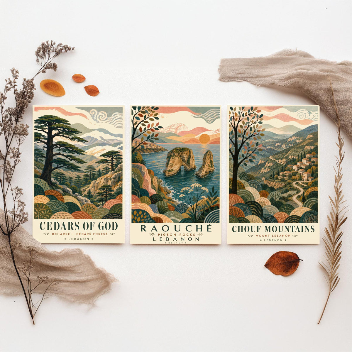 Lebanon Travel Set of Three Prints - Cedars of God, Pigeon Rocks, Chouf Mountains - 3 Folk Art Posters Illustration Gift Map V1