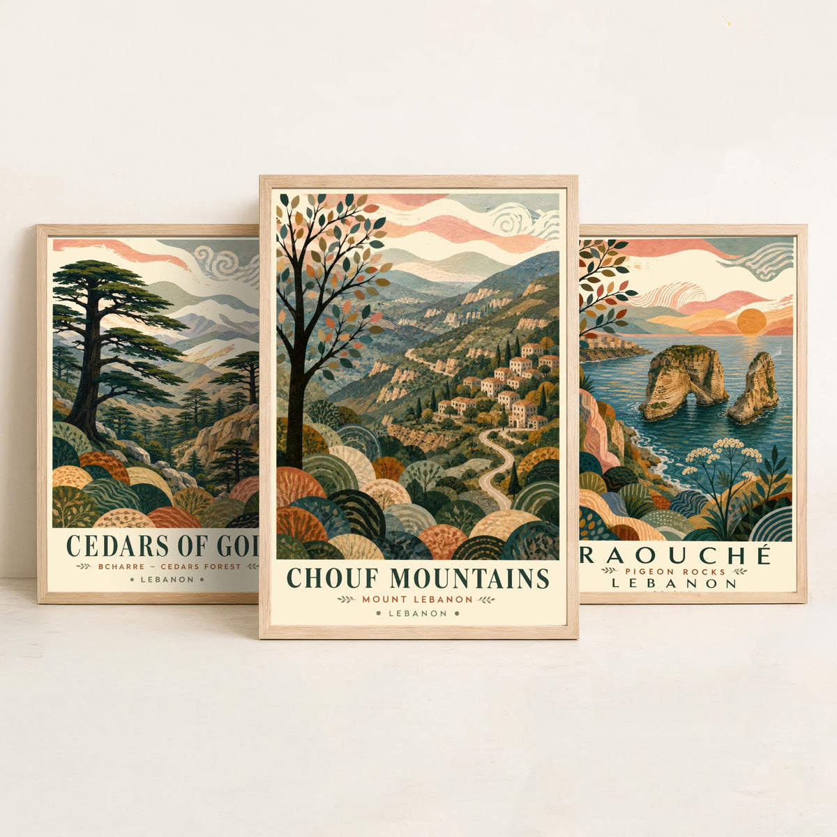 Lebanon Travel Set of Three Prints - Cedars of God, Pigeon Rocks, Chouf Mountains - 3 Folk Art Posters Illustration Gift Map V1