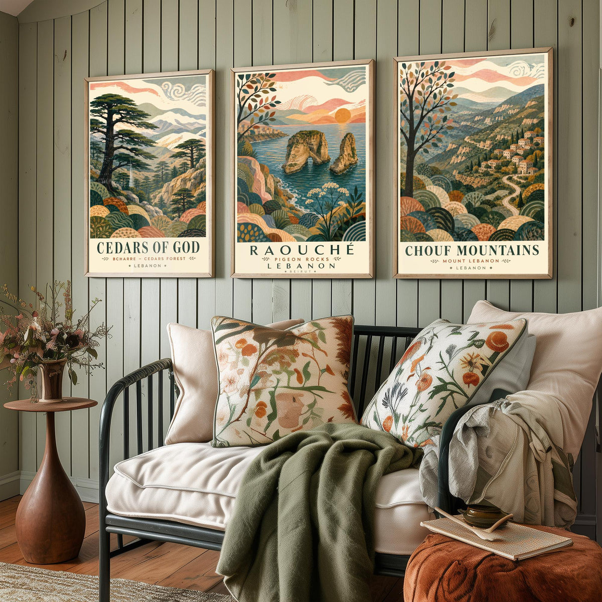 Lebanon Travel Set of Three Prints - Cedars of God, Pigeon Rocks, Chouf Mountains - 3 Folk Art Posters Illustration Gift Map V1
