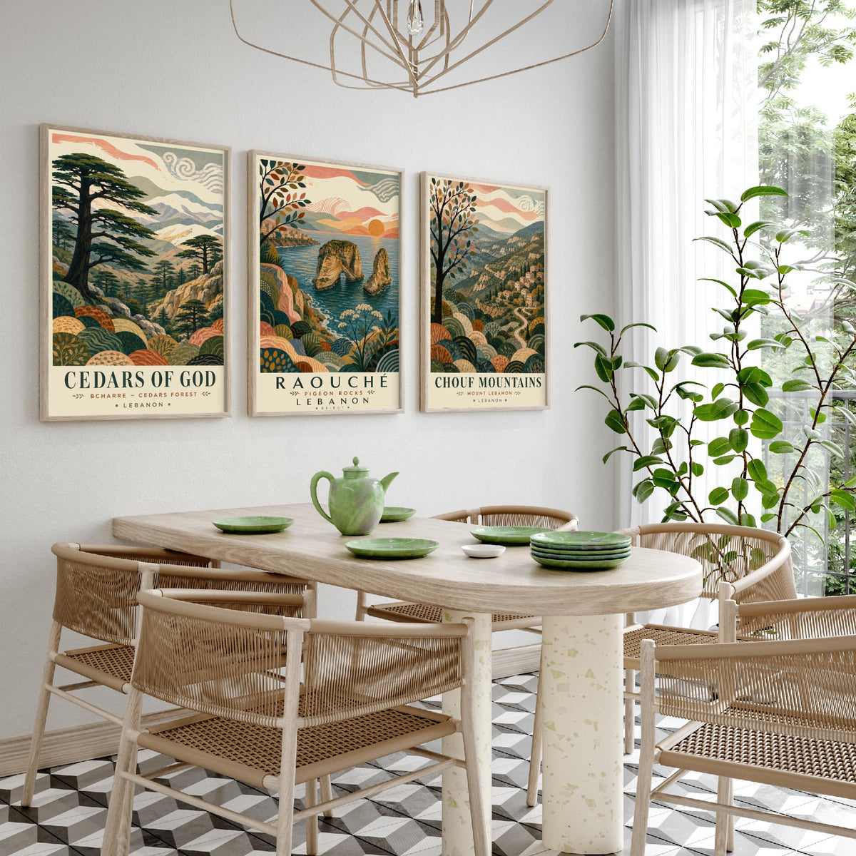 Lebanon Travel Set of Three Prints - Cedars of God, Pigeon Rocks, Chouf Mountains - 3 Folk Art Posters Illustration Gift Map V1