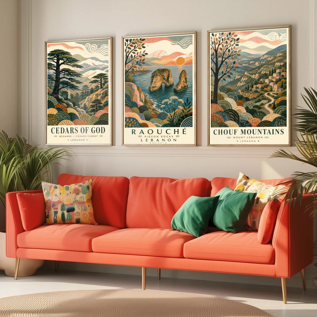 Lebanon Travel Set of Three Prints - Cedars of God, Pigeon Rocks, Chouf Mountains - 3 Folk Art Posters Illustration Gift Map V1