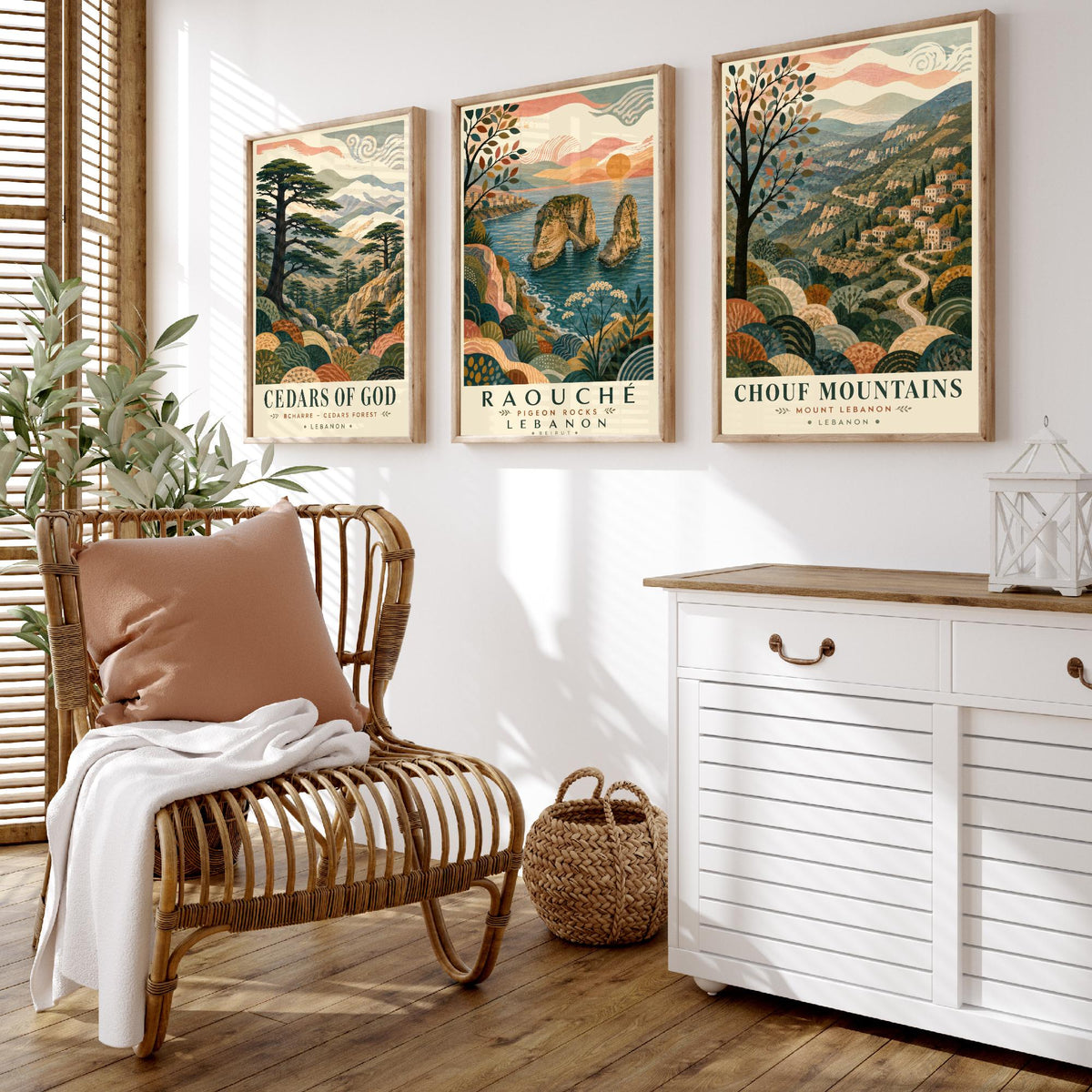 Lebanon Travel Set of Three Prints - Cedars of God, Pigeon Rocks, Chouf Mountains - 3 Folk Art Posters Illustration Gift Map V1