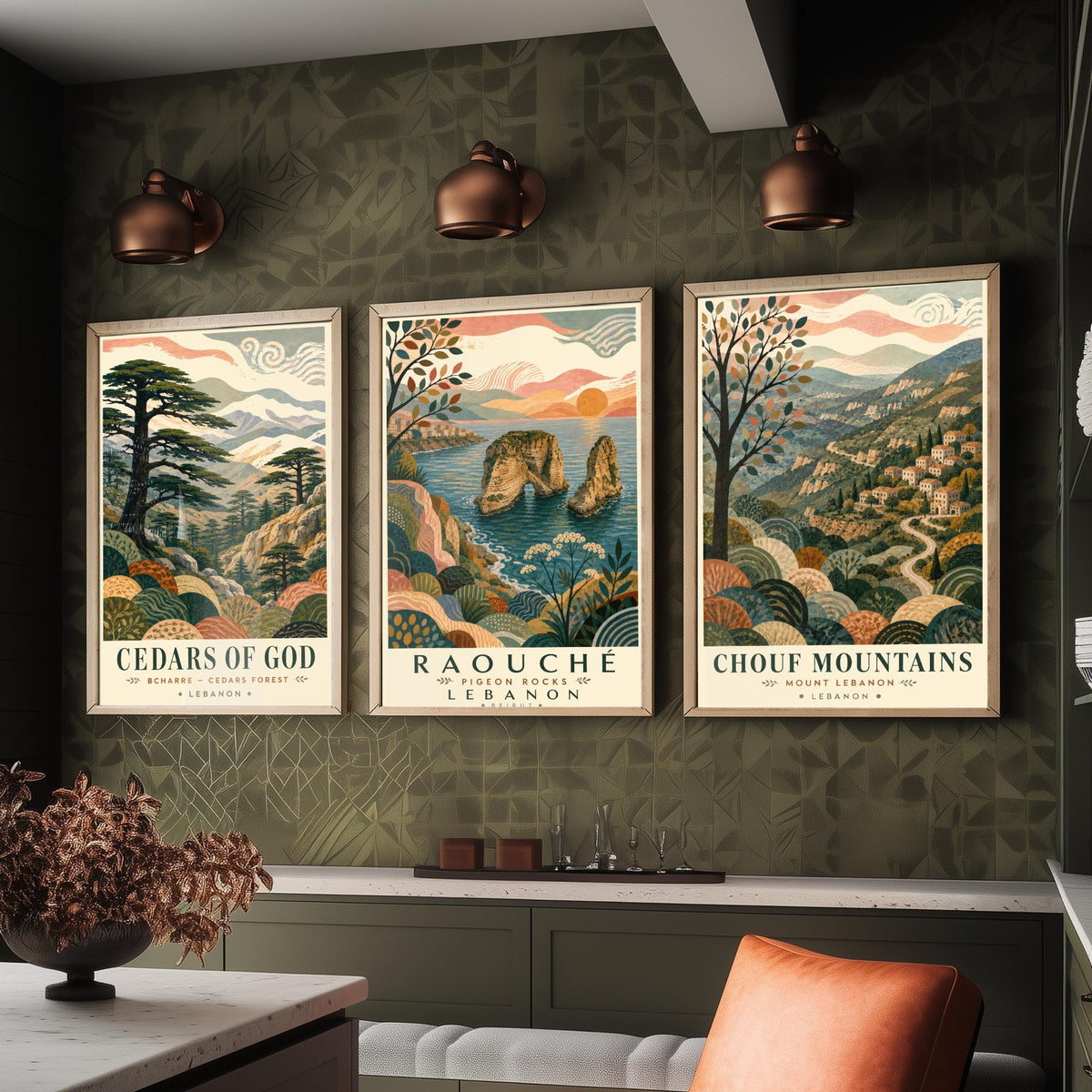 Lebanon Travel Set of Three Prints - Cedars of God, Pigeon Rocks, Chouf Mountains - 3 Folk Art Posters Illustration Gift Map V1