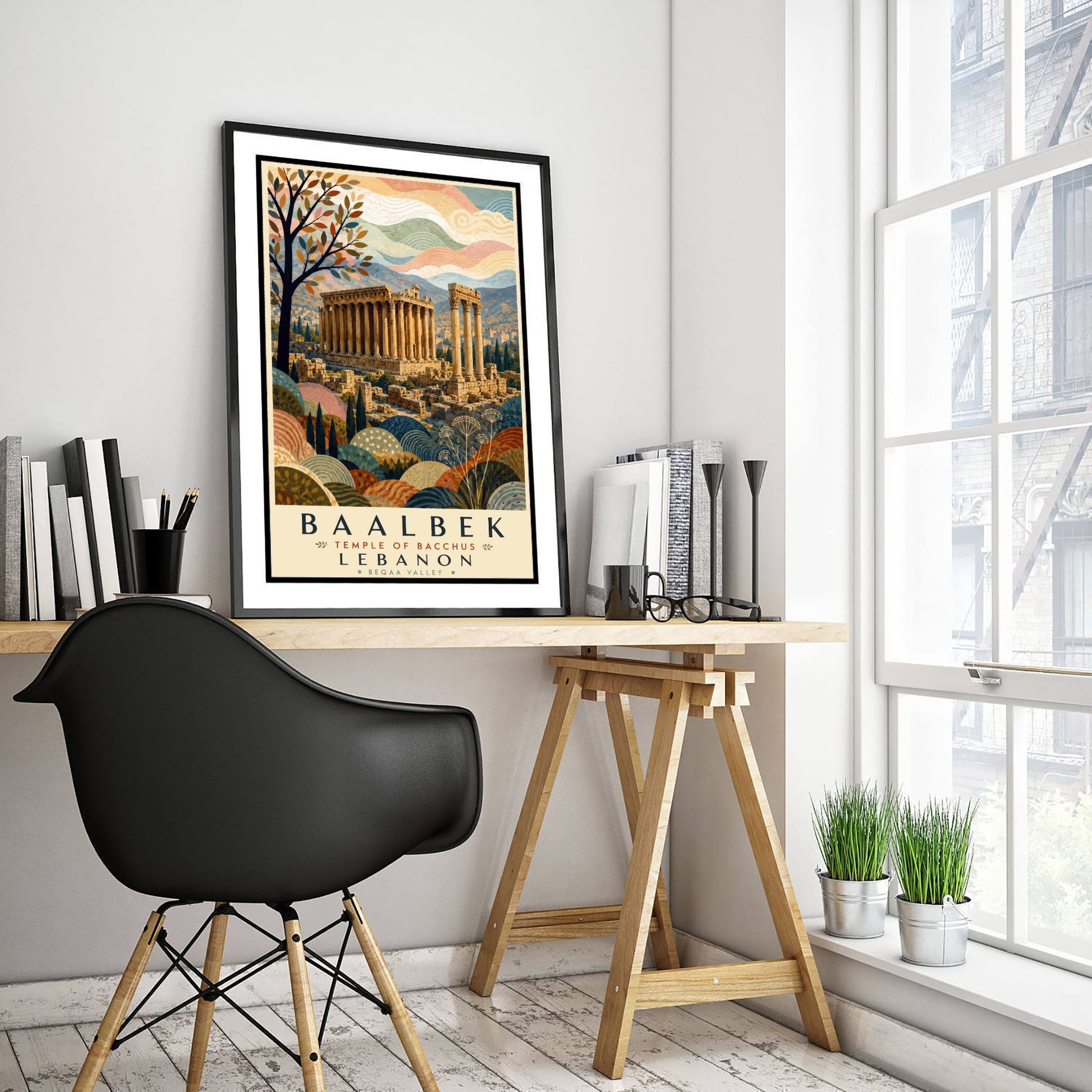 Baalbek Lebanon Travel Poster - Art Print - Boho Illustration - Temple of Bacchus Roman Ruins Wall Art V2 1/3