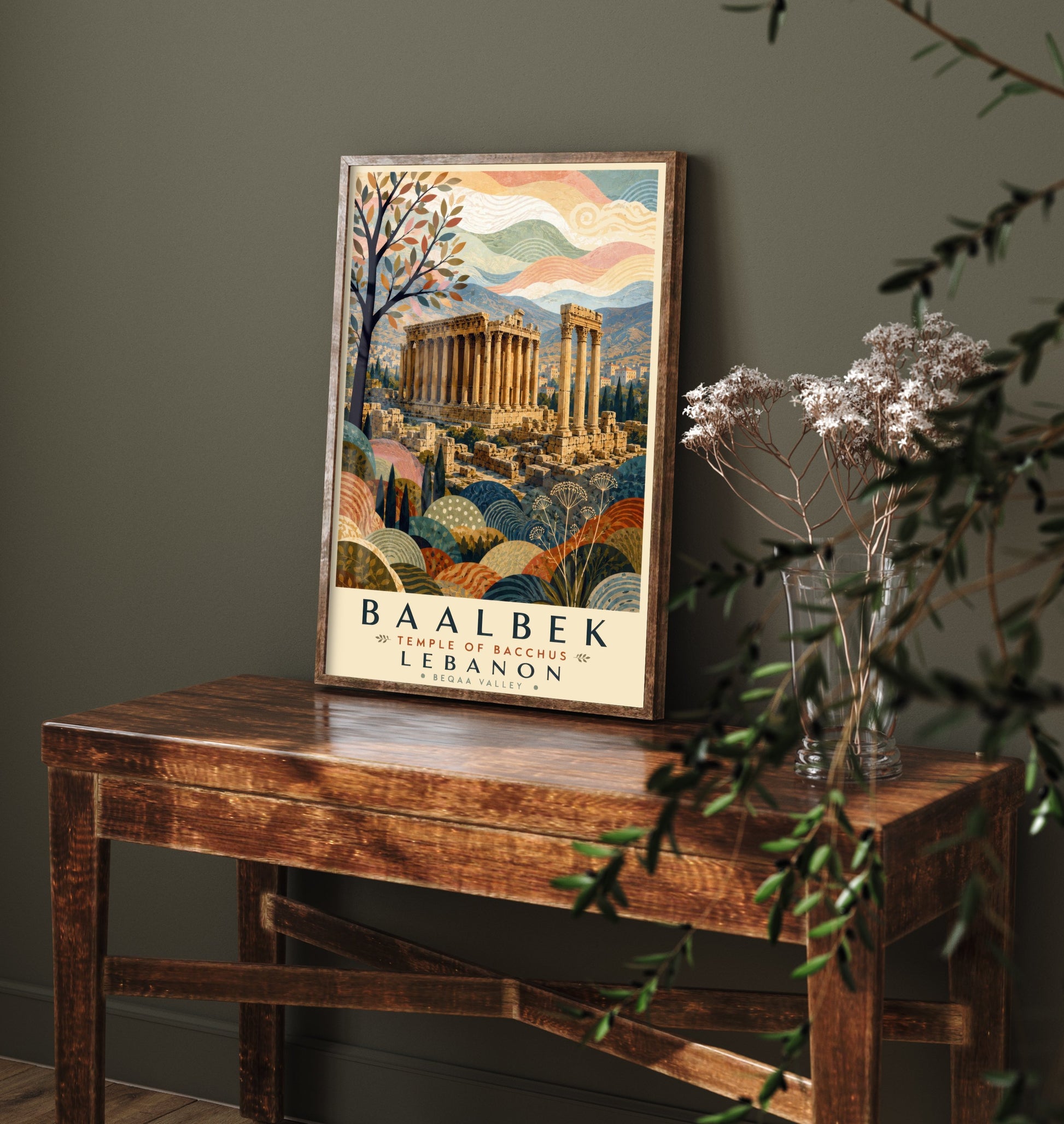 Baalbek Lebanon Travel Poster - Art Print - Boho Illustration - Temple of Bacchus Roman Ruins Wall Art V2 1/3