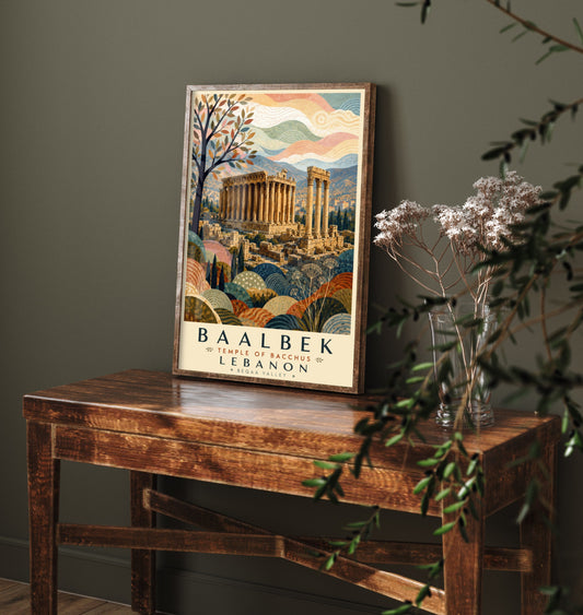 Baalbek Lebanon Travel Poster - Art Print - Boho Illustration - Temple of Bacchus Roman Ruins Wall Art V2 1/3