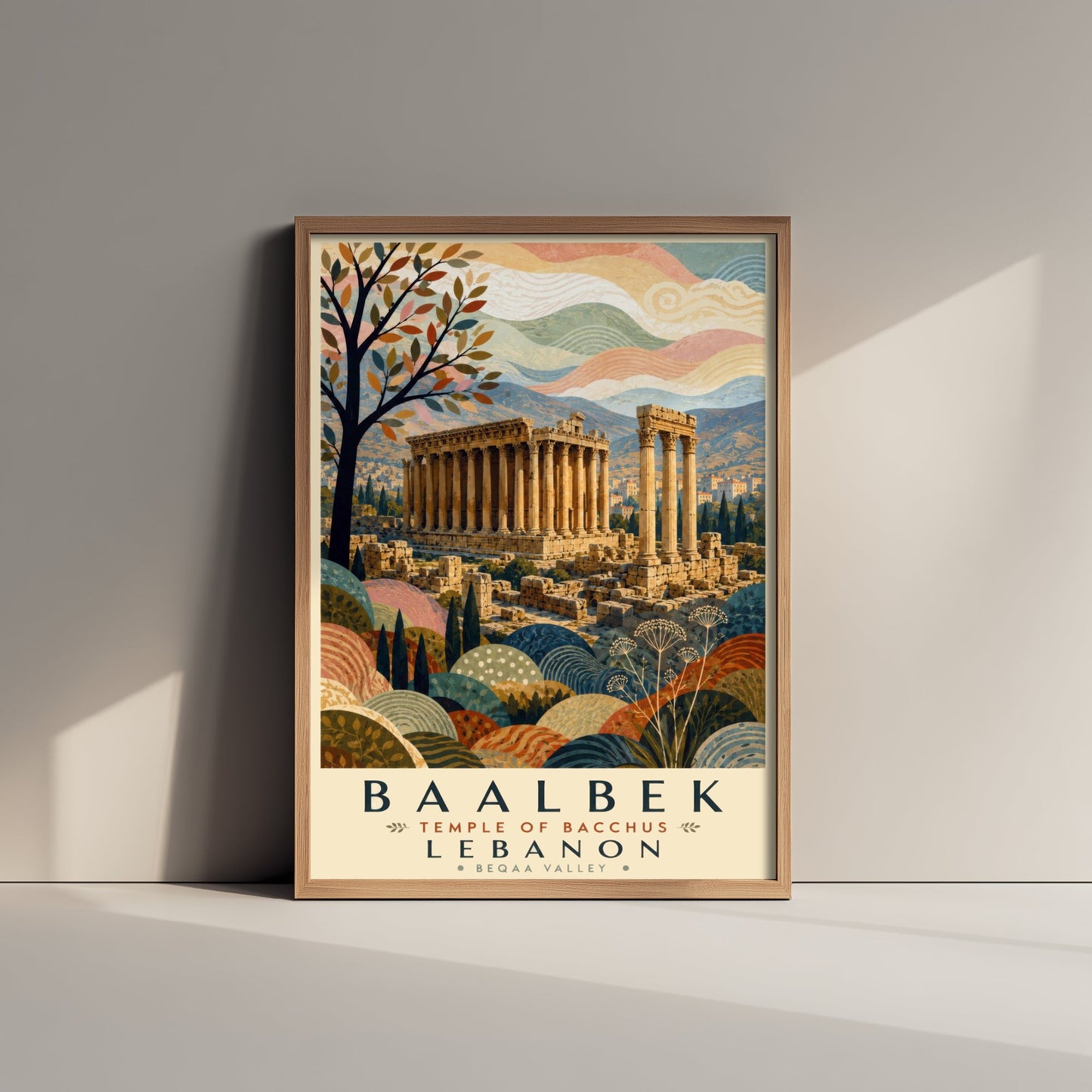 Baalbek Lebanon Travel Poster - Art Print - Boho Illustration - Temple of Bacchus Roman Ruins Wall Art V2 1/3