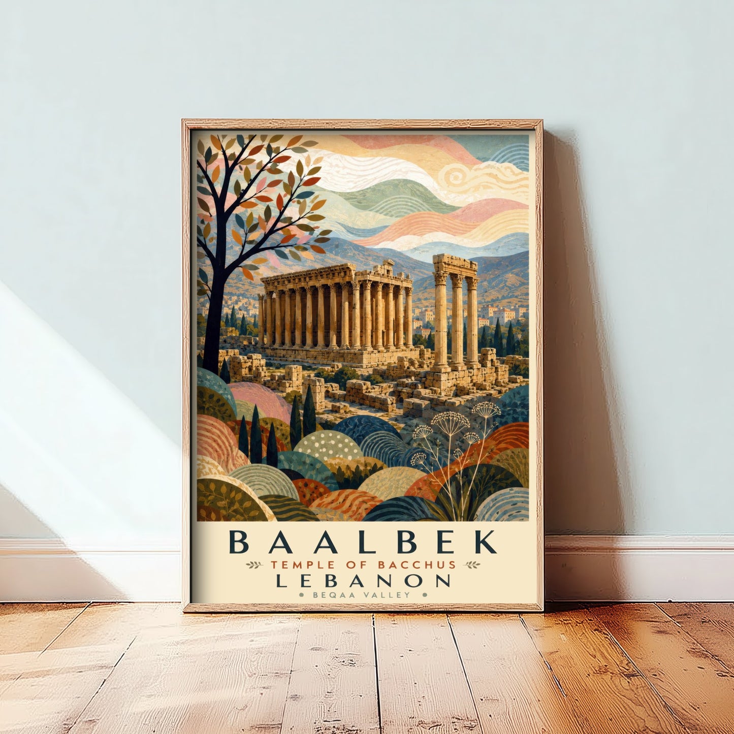 Baalbek Lebanon Travel Poster - Art Print - Boho Illustration - Temple of Bacchus Roman Ruins Wall Art V2 1/3