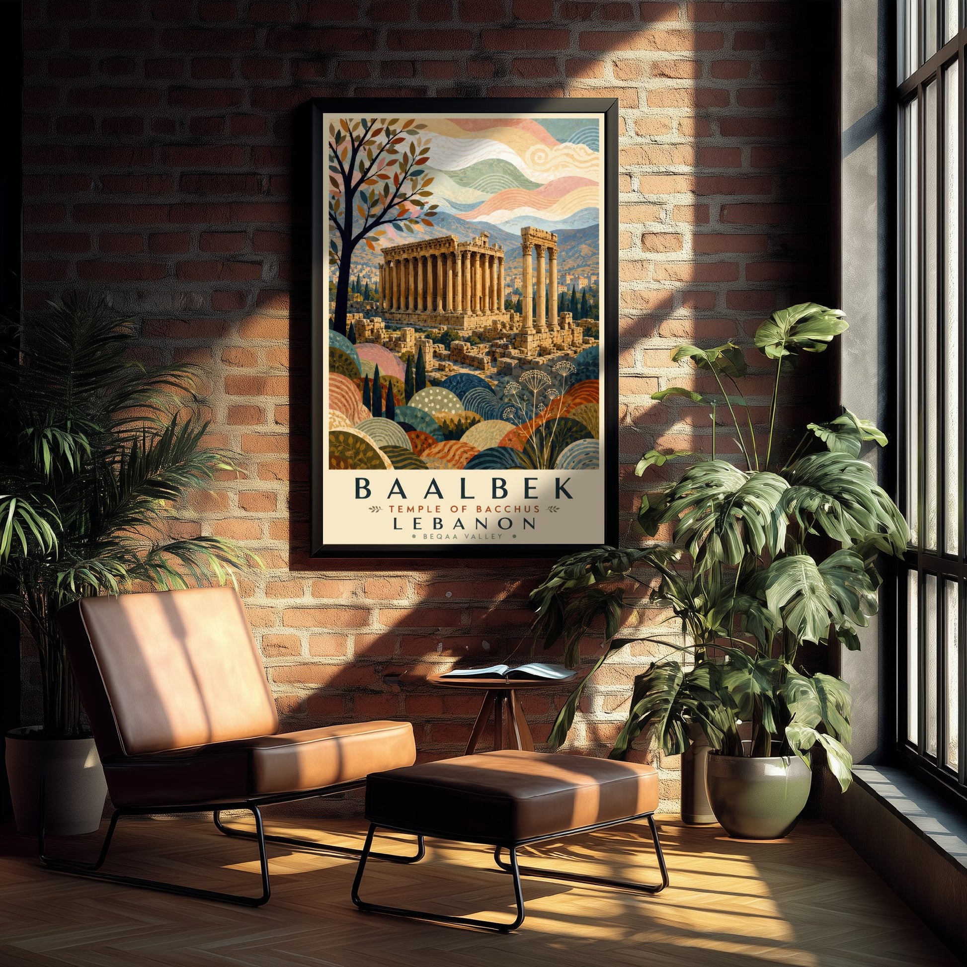 Baalbek Lebanon Travel Poster - Art Print - Boho Illustration - Temple of Bacchus Roman Ruins Wall Art V2 1/3