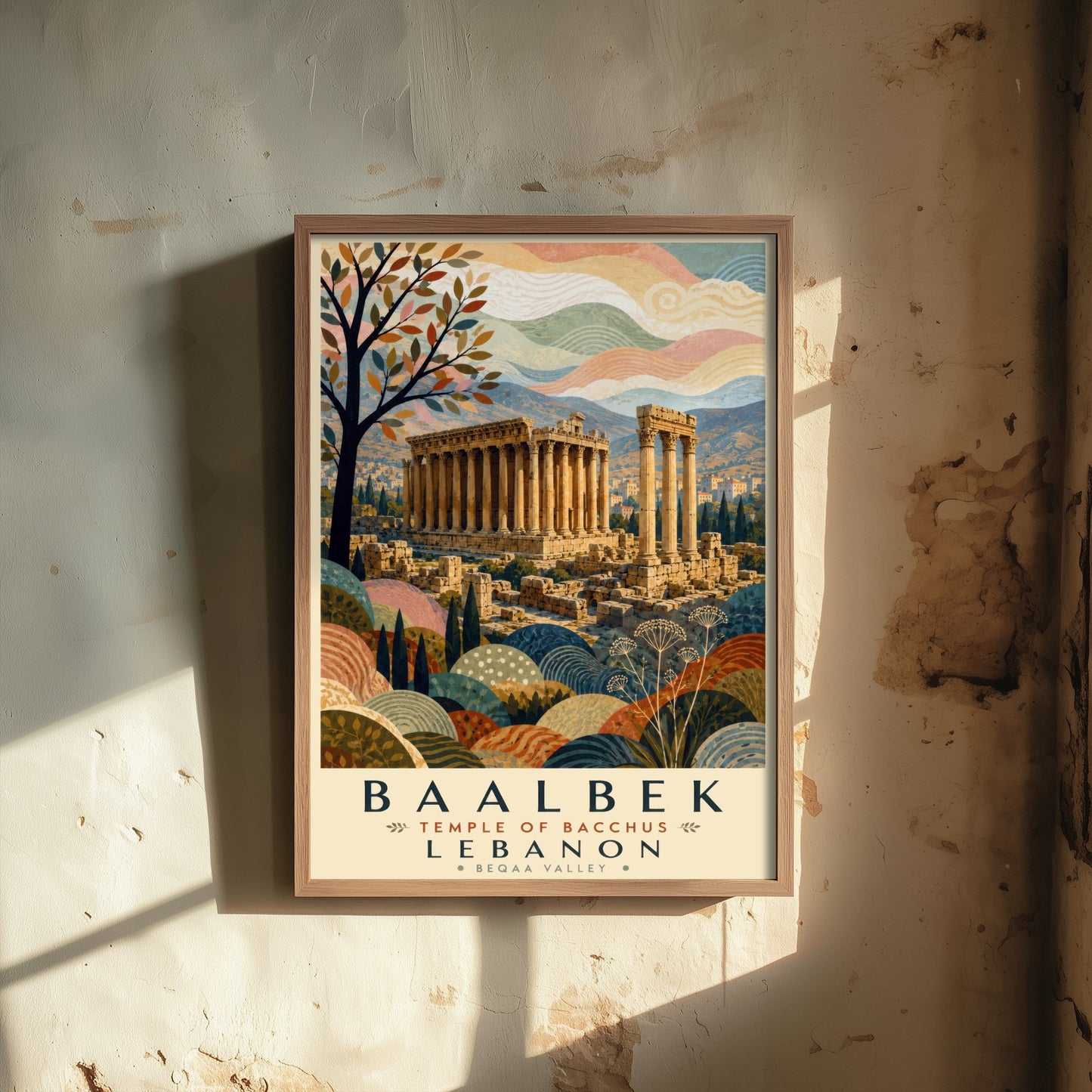 Baalbek Lebanon Travel Poster - Art Print - Boho Illustration - Temple of Bacchus Roman Ruins Wall Art V2 1/3