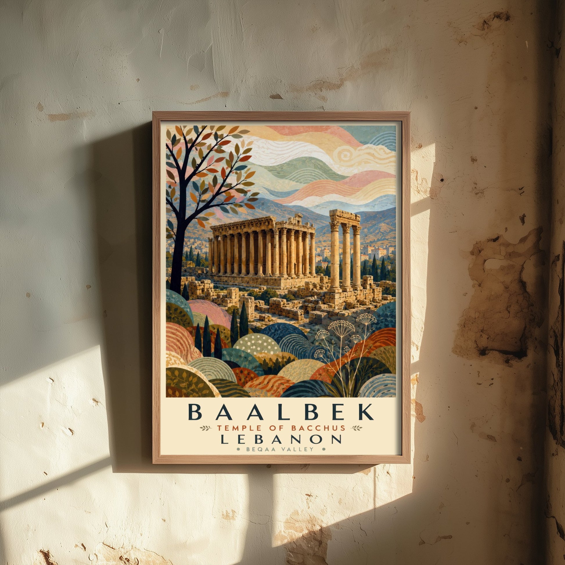 Baalbek Lebanon Travel Poster - Art Print - Boho Illustration - Temple of Bacchus Roman Ruins Wall Art V2 1/3