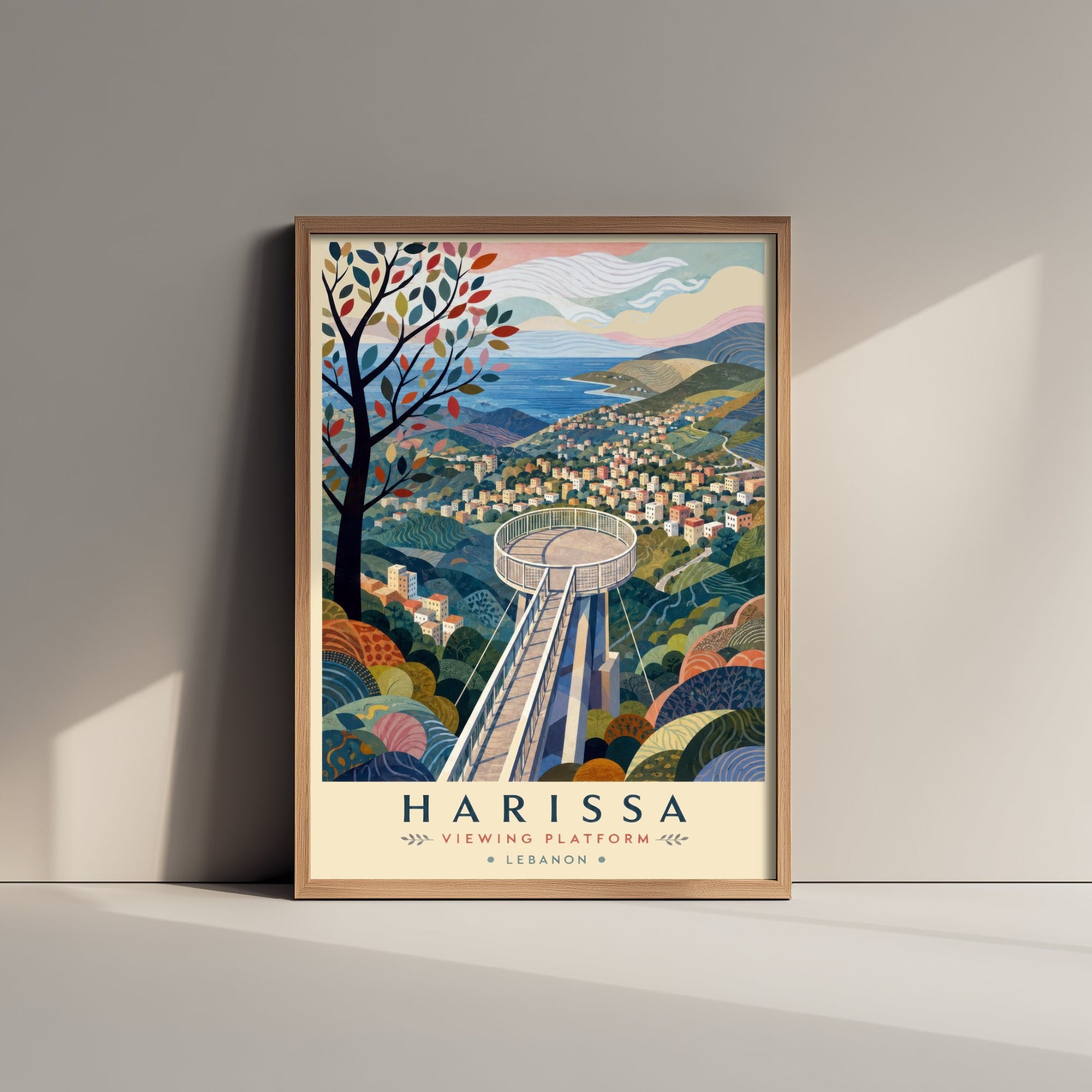 Harissa Lebanon Travel Poster - Art Print - Boho Illustration - Mountain Viewing Platform Wall Art V2 2/3