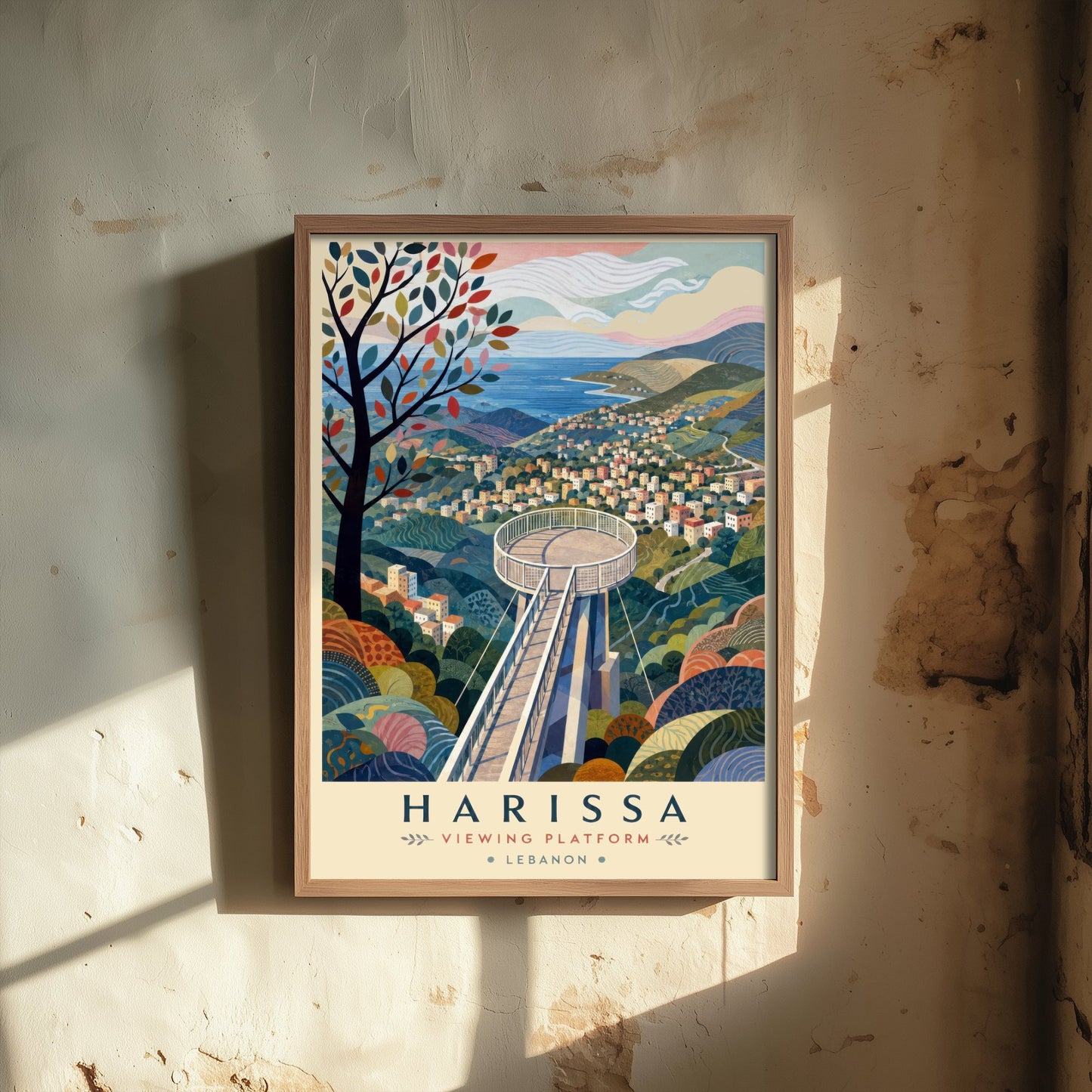 Harissa Lebanon Travel Poster - Art Print - Boho Illustration - Mountain Viewing Platform Wall Art V2 2/3