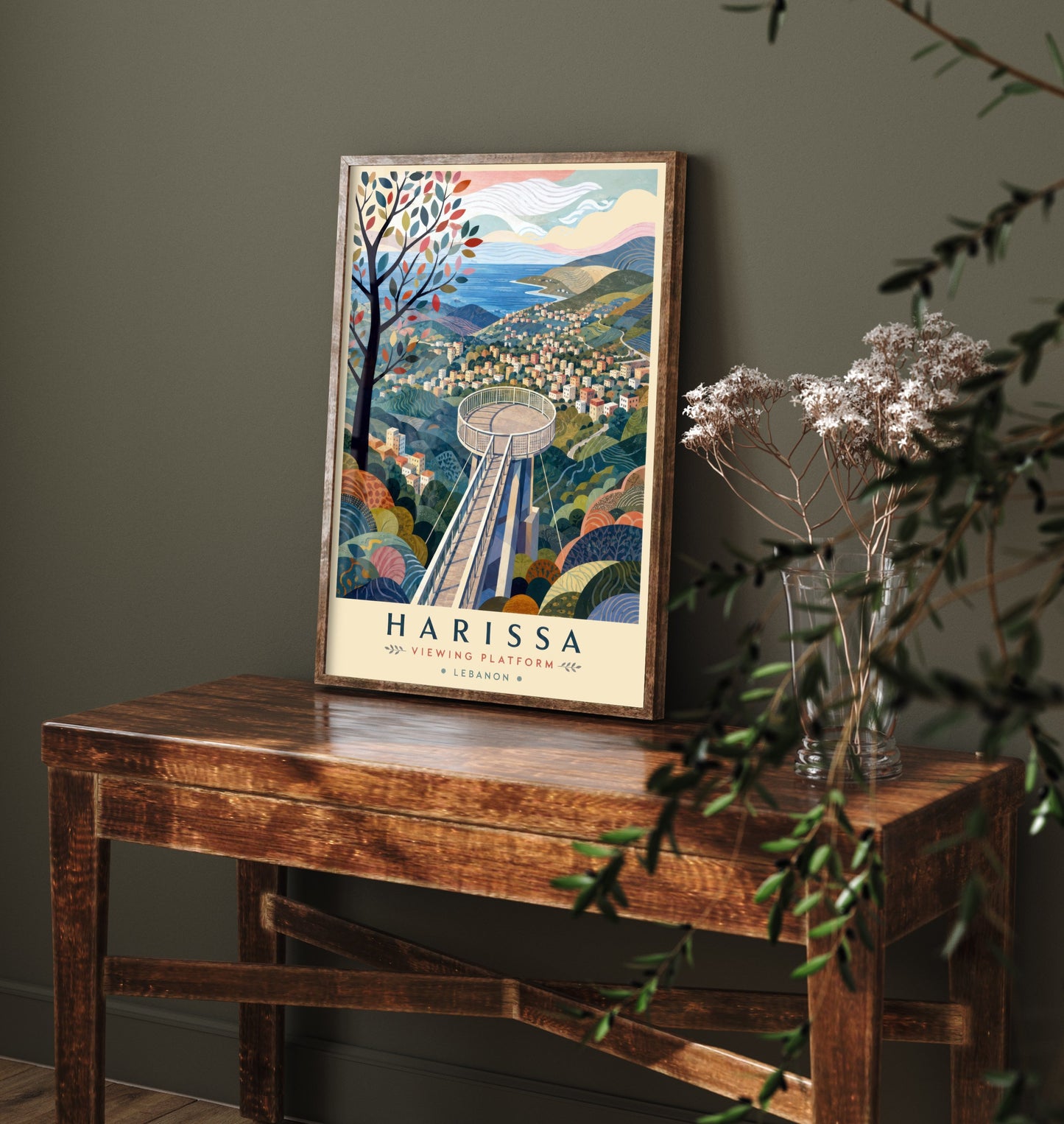 Harissa Lebanon Travel Poster - Art Print - Boho Illustration - Mountain Viewing Platform Wall Art V2 2/3