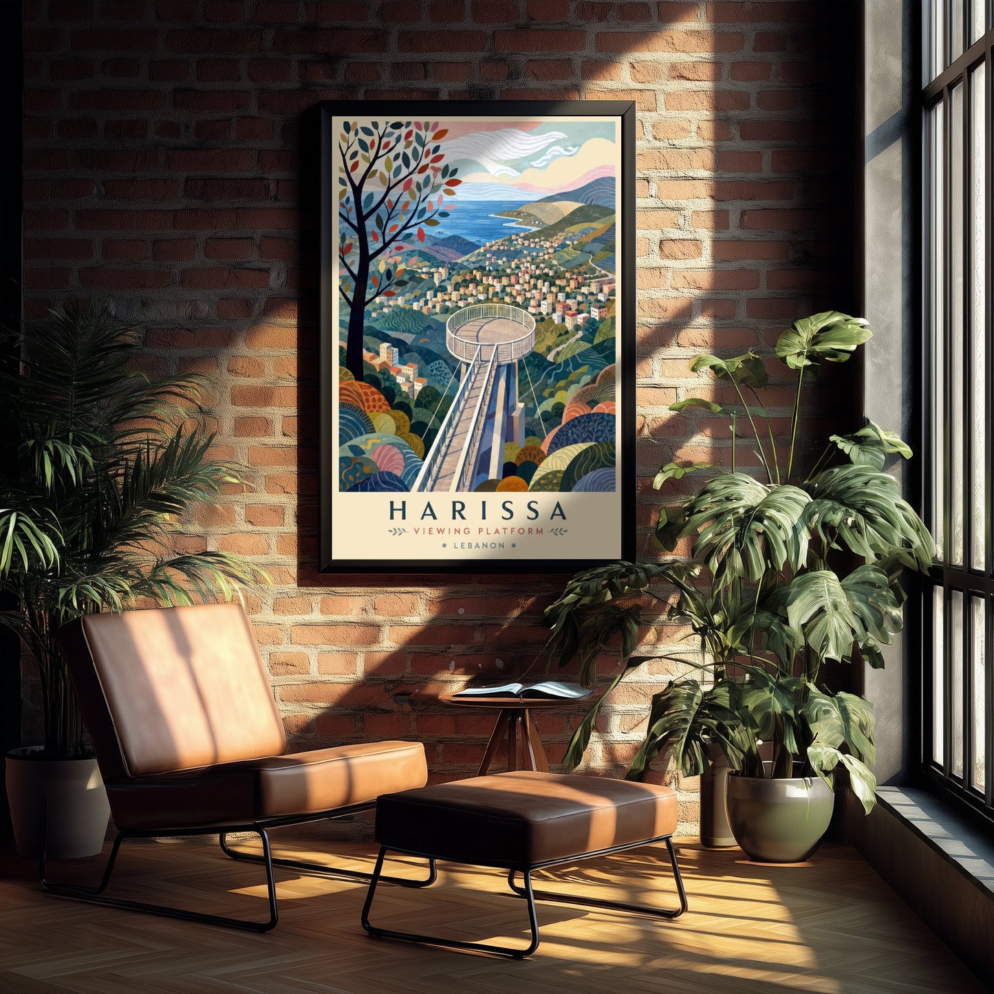 Harissa Lebanon Travel Poster - Art Print - Boho Illustration - Mountain Viewing Platform Wall Art V2 2/3