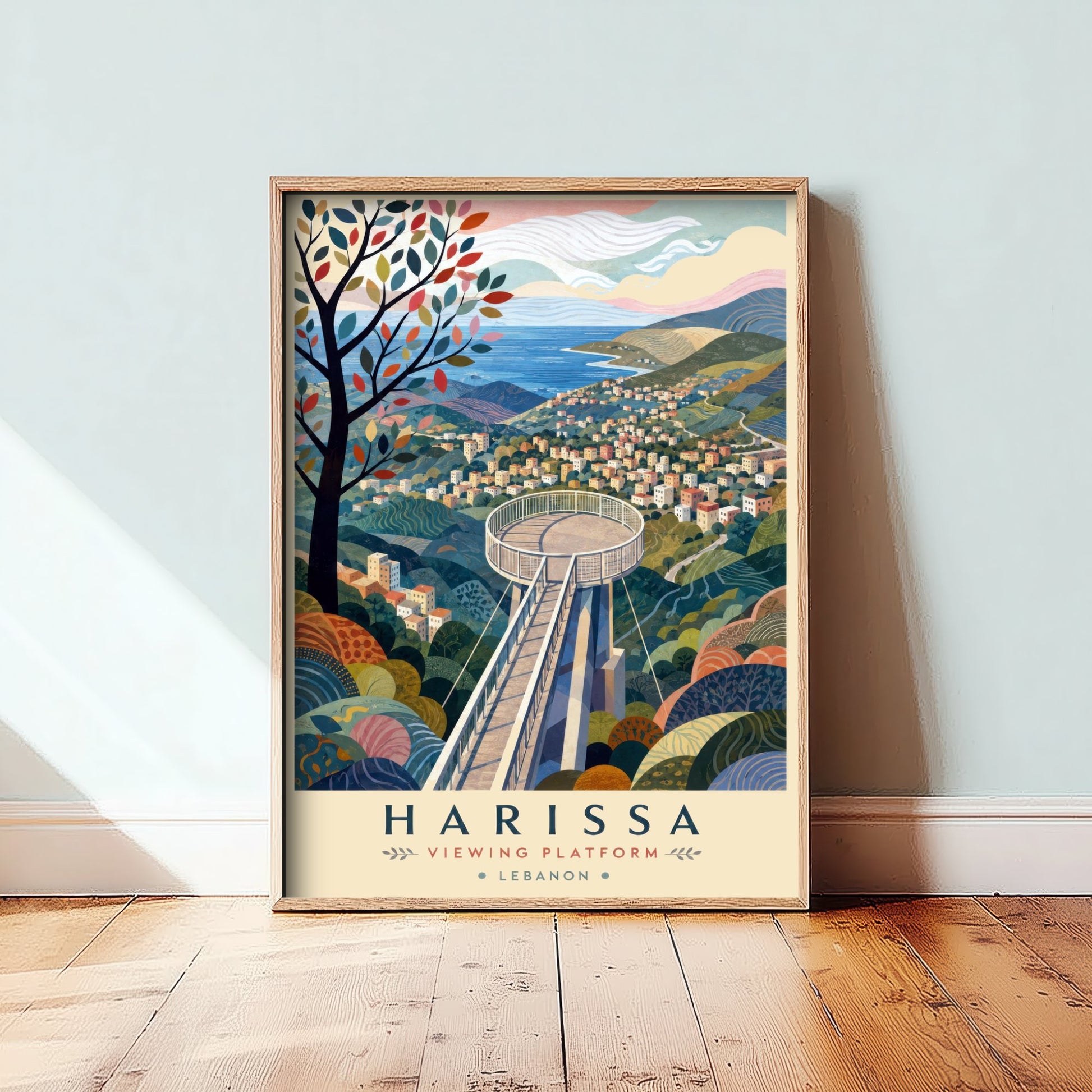 Harissa Lebanon Travel Poster - Art Print - Boho Illustration - Mountain Viewing Platform Wall Art V2 2/3