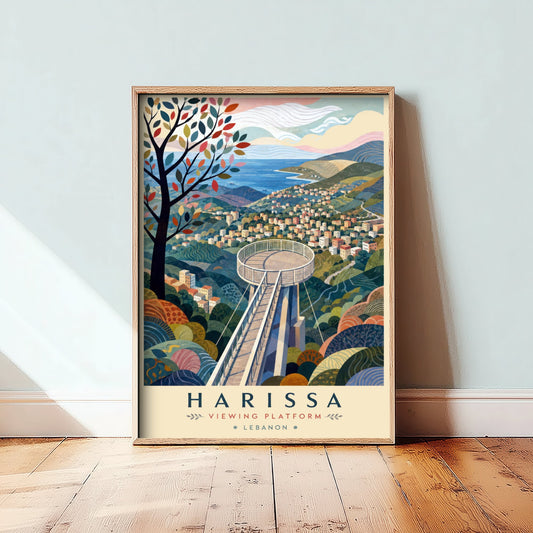 Harissa Lebanon Travel Poster - Art Print - Boho Illustration - Mountain Viewing Platform Wall Art V2 2/3