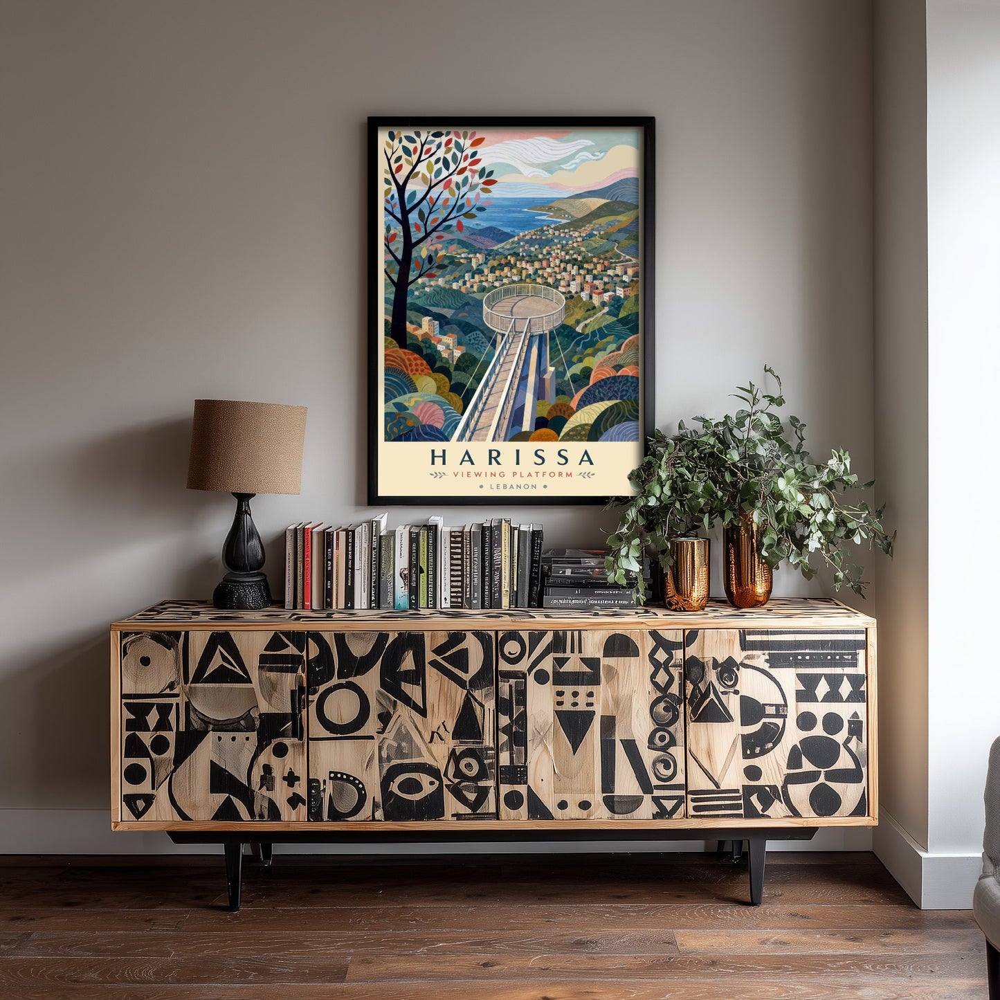 Harissa Lebanon Travel Poster - Art Print - Boho Illustration - Mountain Viewing Platform Wall Art V2 2/3