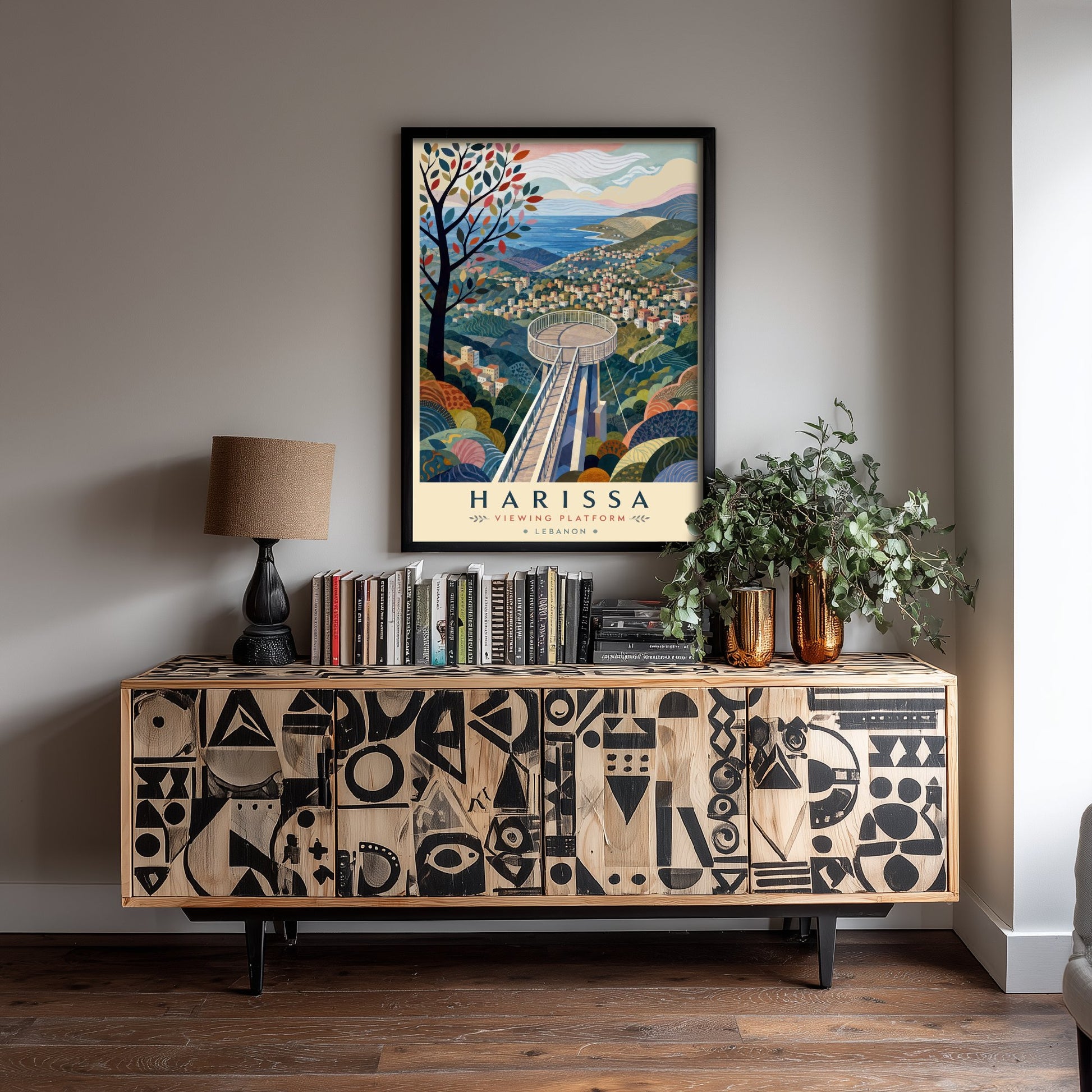 Harissa Lebanon Travel Poster - Art Print - Boho Illustration - Mountain Viewing Platform Wall Art V2 2/3