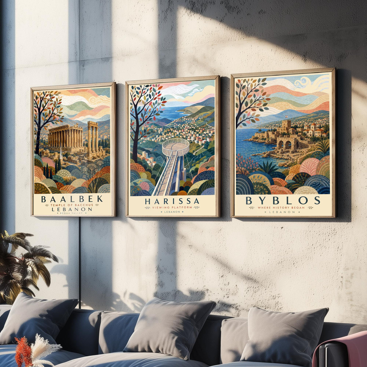 Lebanon Travel Set of Three Prints - Baalbek, Harissa, Byblos - 3 Folk Art Posters Illustration Gift Map Visit Lebanese V2
