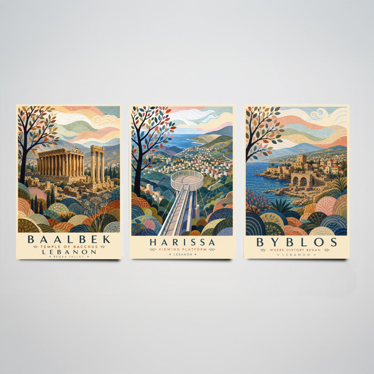 Lebanon Travel Set of Three Prints - Baalbek, Harissa, Byblos - 3 Folk Art Posters Illustration Gift Map Visit Lebanese V2