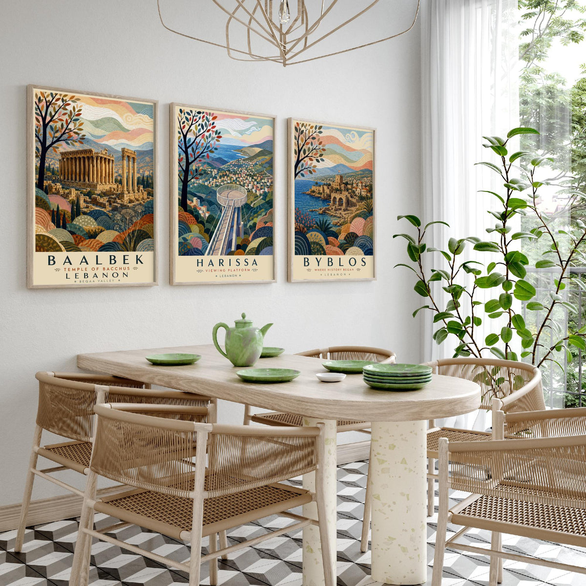 Lebanon Travel Set of Three Prints - Baalbek, Harissa, Byblos - 3 Folk Art Posters Illustration Gift Map Visit Lebanese V2