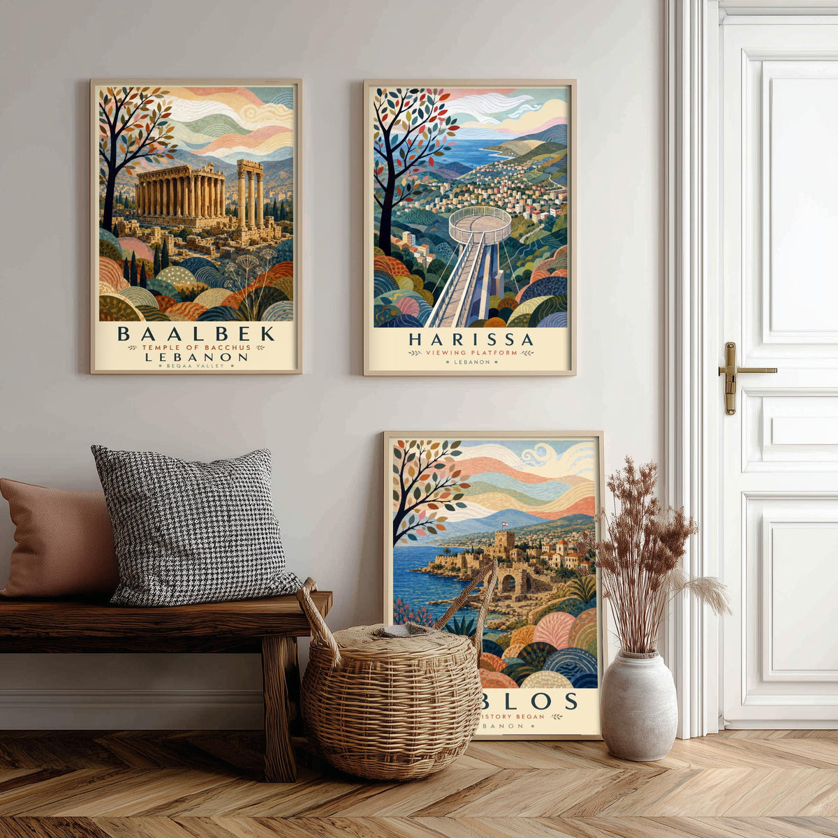 Lebanon Travel Set of Three Prints - Baalbek, Harissa, Byblos - 3 Folk Art Posters Illustration Gift Map Visit Lebanese V2