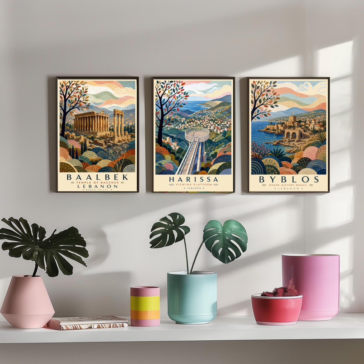Lebanon Travel Set of Three Prints - Baalbek, Harissa, Byblos - 3 Folk Art Posters Illustration Gift Map Visit Lebanese V2