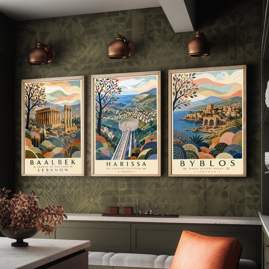 Lebanon Travel Set of Three Prints - Baalbek, Harissa, Byblos - 3 Folk Art Posters Illustration Gift Map Visit Lebanese V2