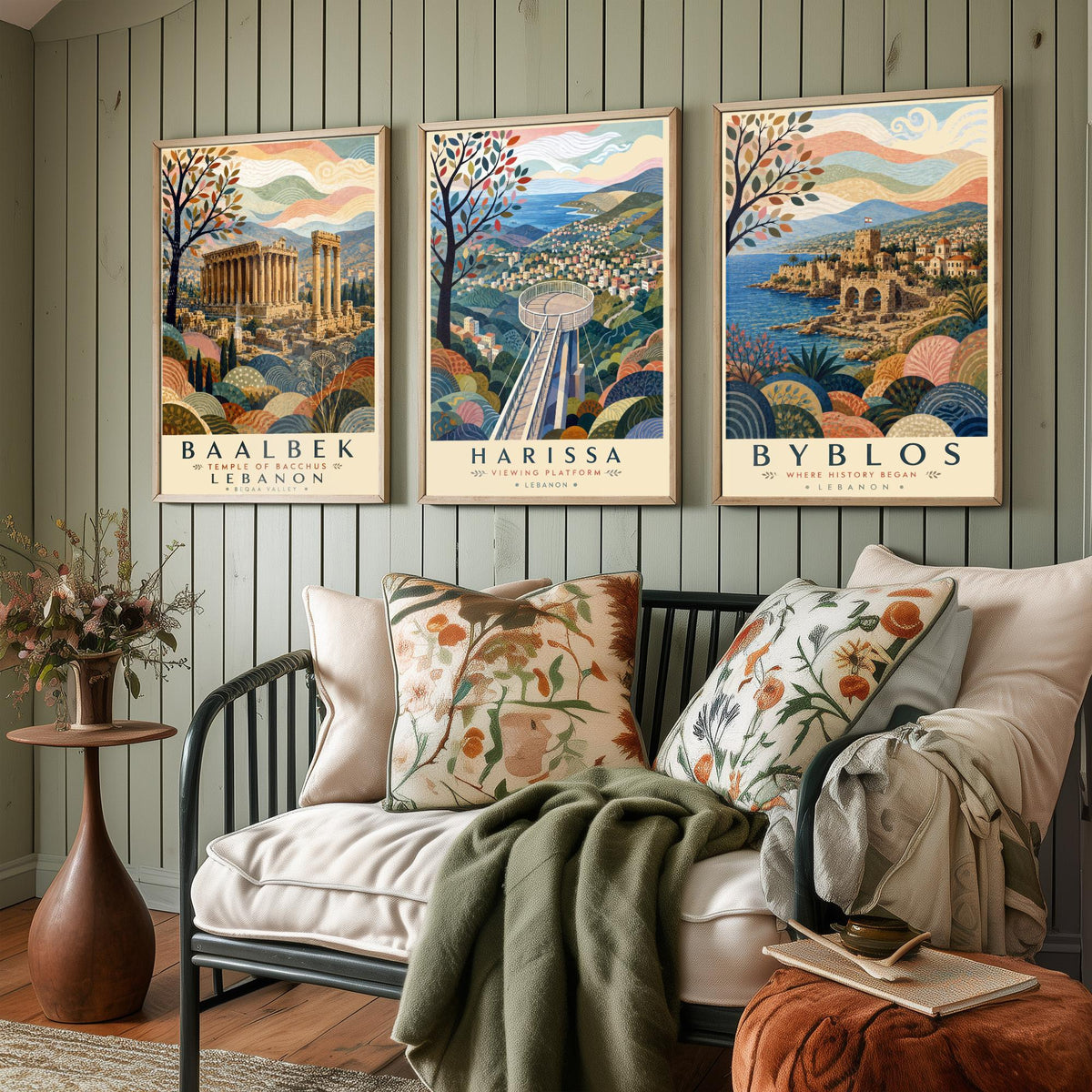 Lebanon Travel Set of Three Prints - Baalbek, Harissa, Byblos - 3 Folk Art Posters Illustration Gift Map Visit Lebanese V2