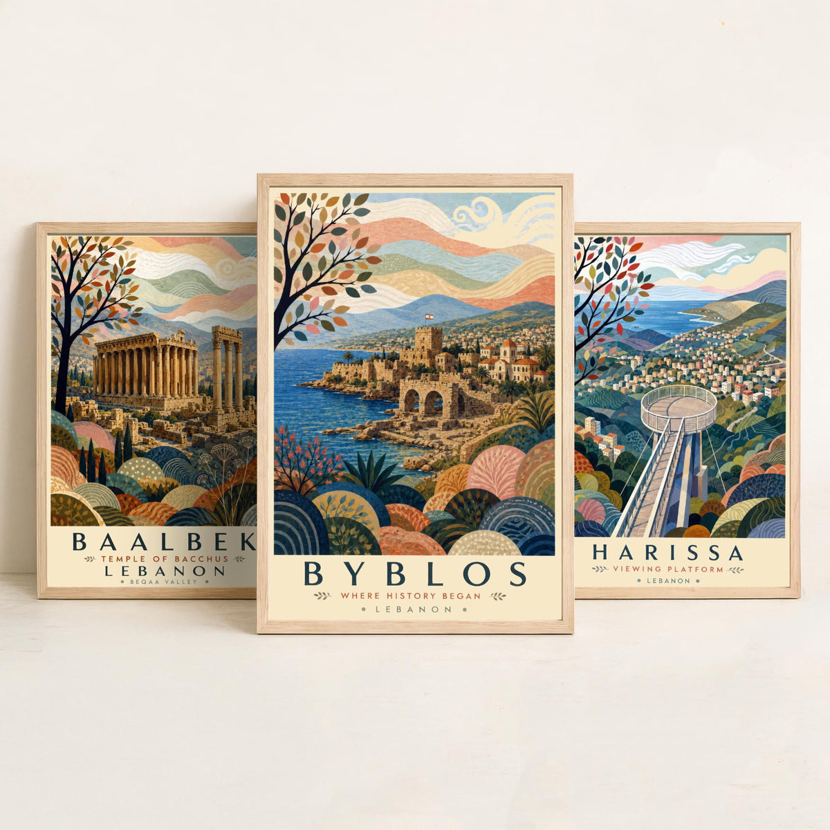 Lebanon Travel Set of Three Prints - Baalbek, Harissa, Byblos - 3 Folk Art Posters Illustration Gift Map Visit Lebanese V2