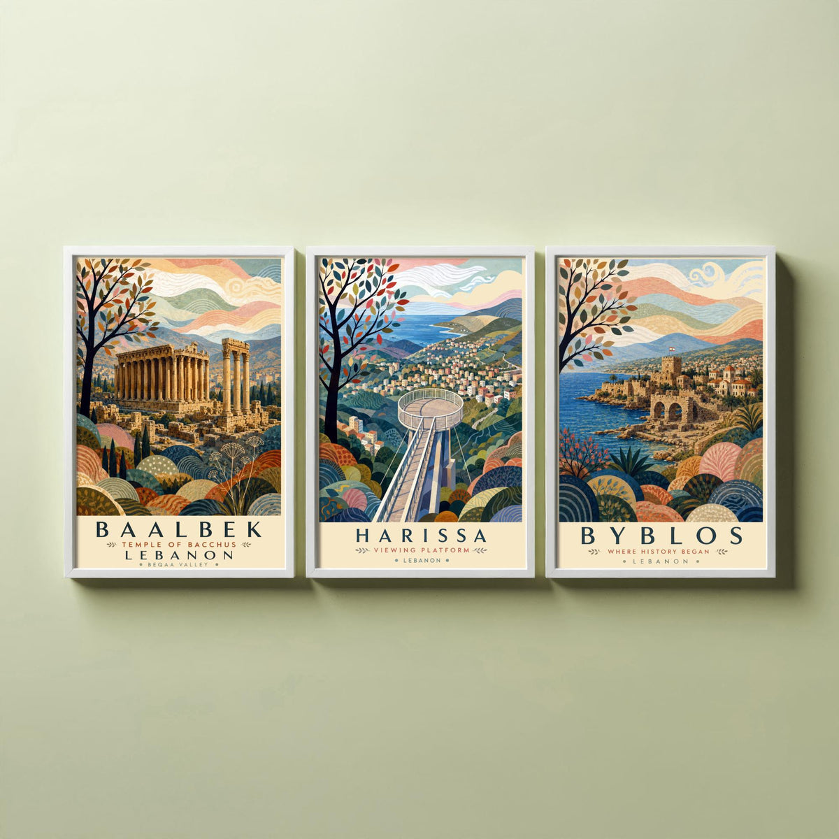 Lebanon Travel Set of Three Prints - Baalbek, Harissa, Byblos - 3 Folk Art Posters Illustration Gift Map Visit Lebanese V2