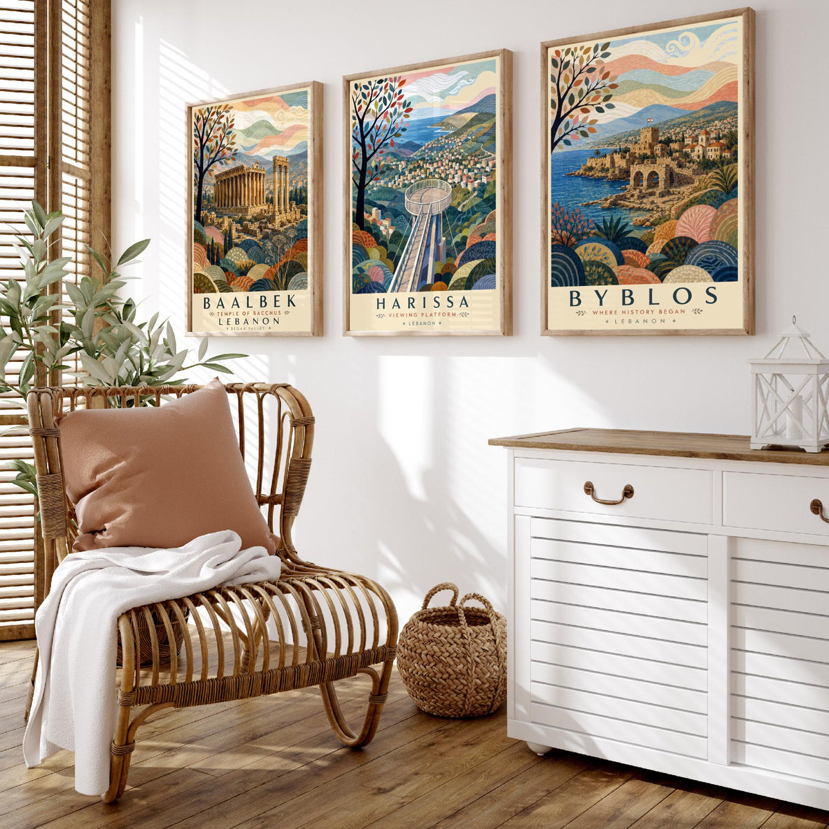 Lebanon Travel Set of Three Prints - Baalbek, Harissa, Byblos - 3 Folk Art Posters Illustration Gift Map Visit Lebanese V2
