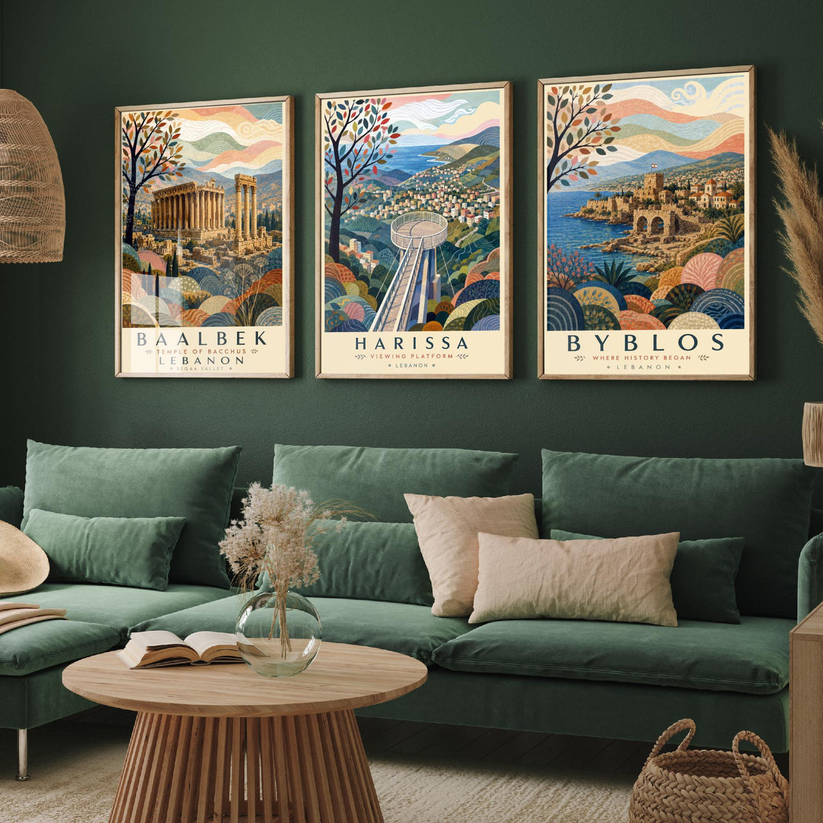 Lebanon Travel Set of Three Prints - Baalbek, Harissa, Byblos - 3 Folk Art Posters Illustration Gift Map Visit Lebanese V2