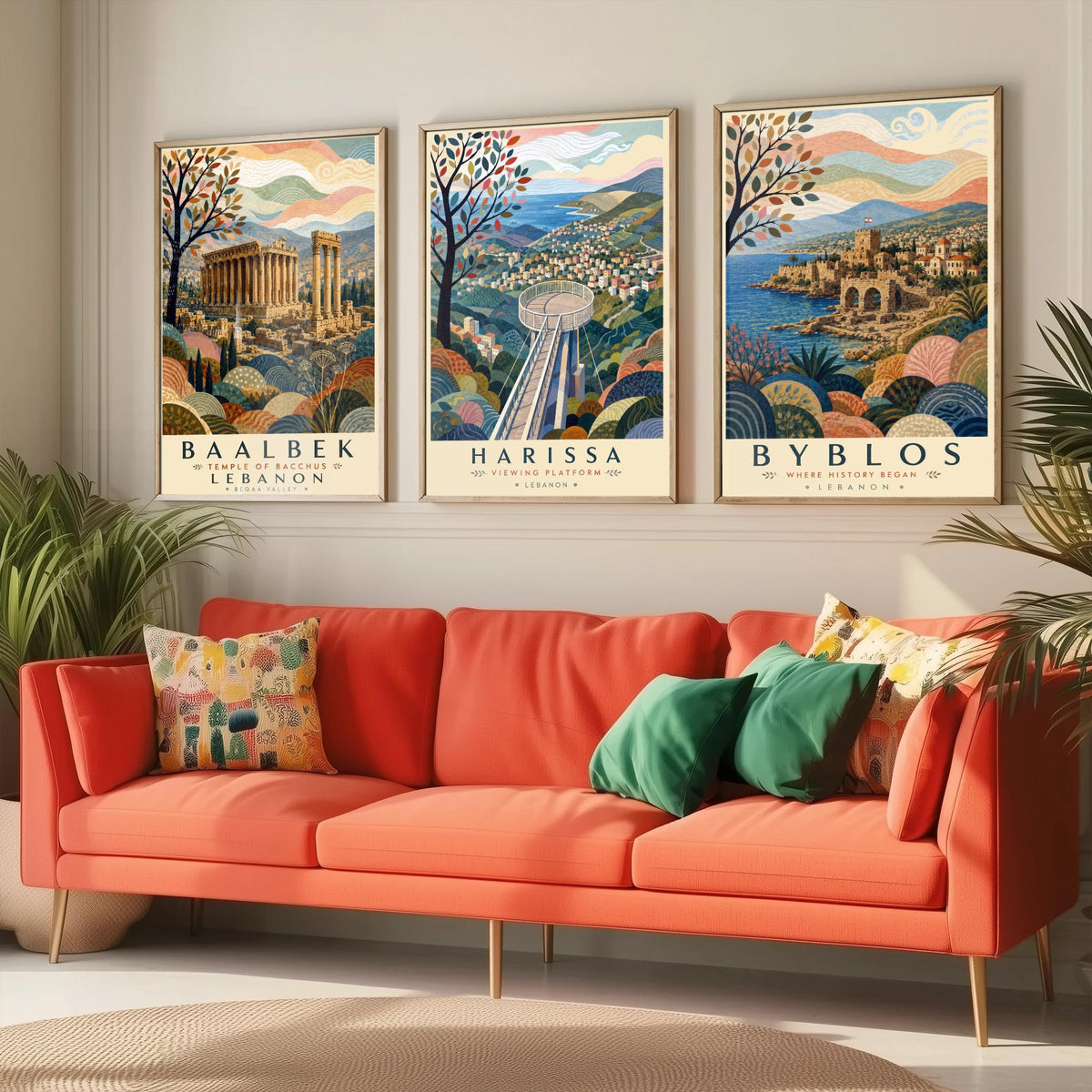 Lebanon Travel Set of Three Prints - Baalbek, Harissa, Byblos - 3 Folk Art Posters Illustration Gift Map Visit Lebanese V2