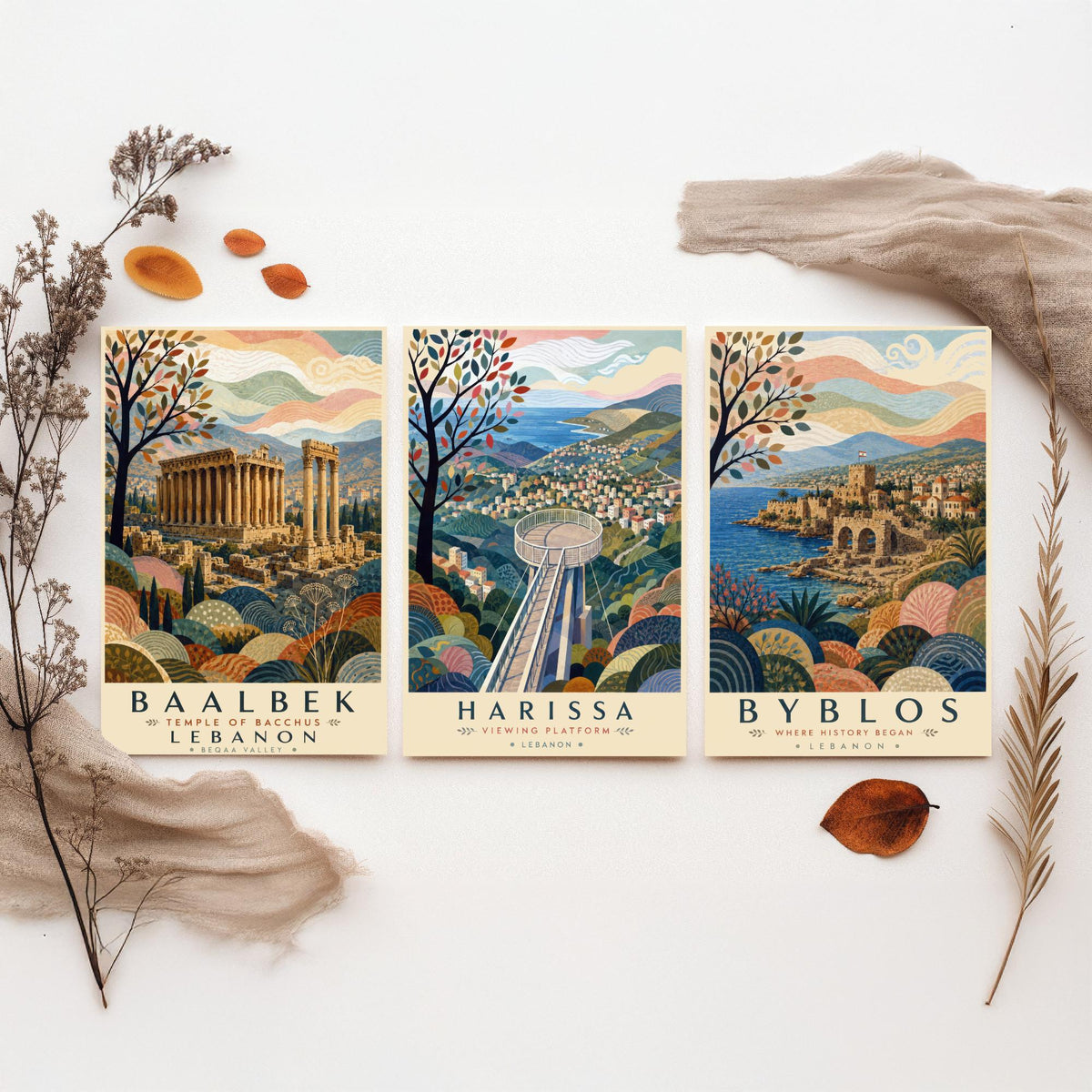 Lebanon Travel Set of Three Prints - Baalbek, Harissa, Byblos - 3 Folk Art Posters Illustration Gift Map Visit Lebanese V2