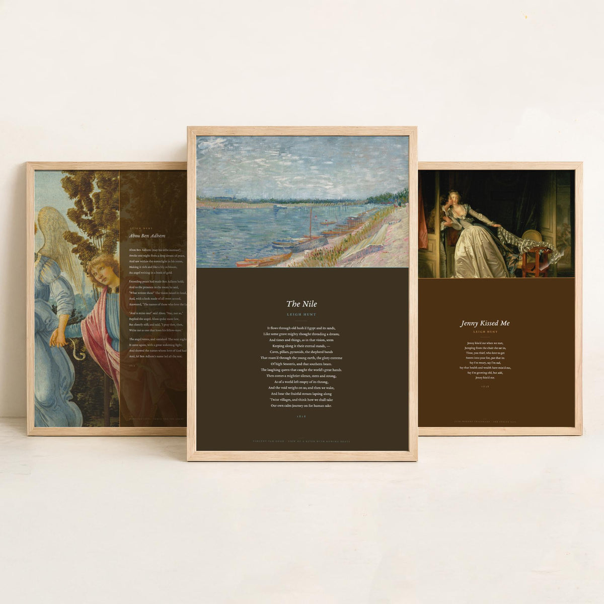 Leigh Hunt Poems Set of Three Art Prints - Abou Ben Adhem, Jenny Kissed Me, The Nile - Full Poems over Classic Paintings Poster Triptych