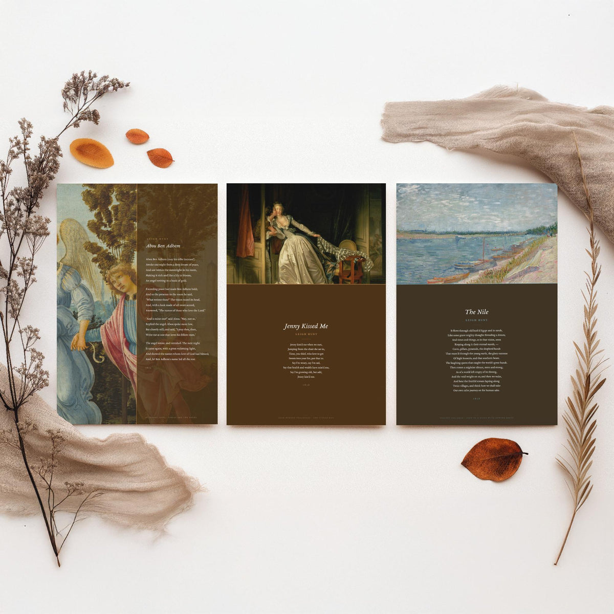 Leigh Hunt Poems Set of Three Art Prints - Abou Ben Adhem, Jenny Kissed Me, The Nile - Full Poems over Classic Paintings Poster Triptych
