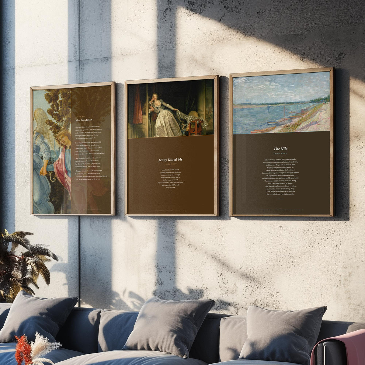 Leigh Hunt Poems Set of Three Art Prints - Abou Ben Adhem, Jenny Kissed Me, The Nile - Full Poems over Classic Paintings Poster Triptych