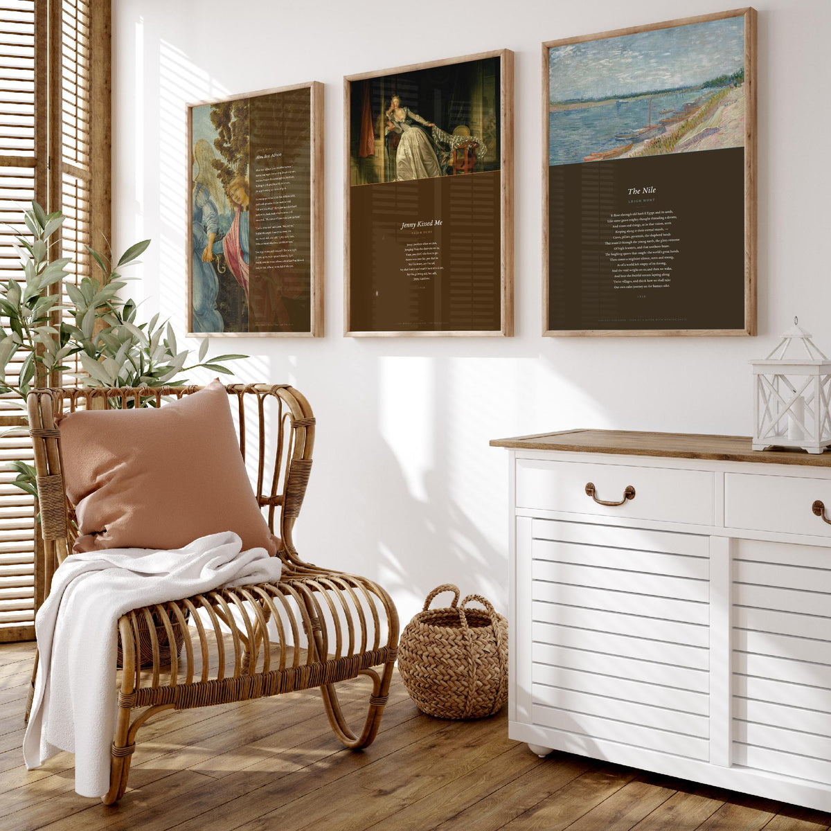 Leigh Hunt Poems Set of Three Art Prints - Abou Ben Adhem, Jenny Kissed Me, The Nile - Full Poems over Classic Paintings Poster Triptych