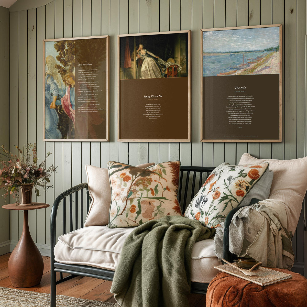 Leigh Hunt Poems Set of Three Art Prints - Abou Ben Adhem, Jenny Kissed Me, The Nile - Full Poems over Classic Paintings Poster Triptych
