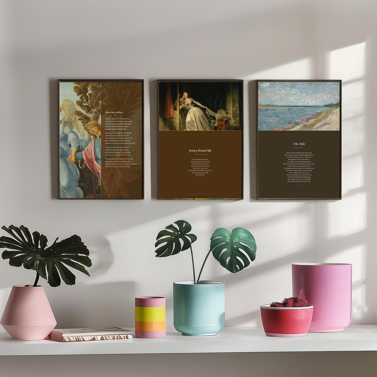 Leigh Hunt Poems Set of Three Art Prints - Abou Ben Adhem, Jenny Kissed Me, The Nile - Full Poems over Classic Paintings Poster Triptych