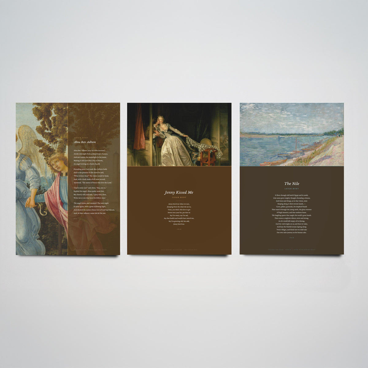 Leigh Hunt Poems Set of Three Art Prints - Abou Ben Adhem, Jenny Kissed Me, The Nile - Full Poems over Classic Paintings Poster Triptych