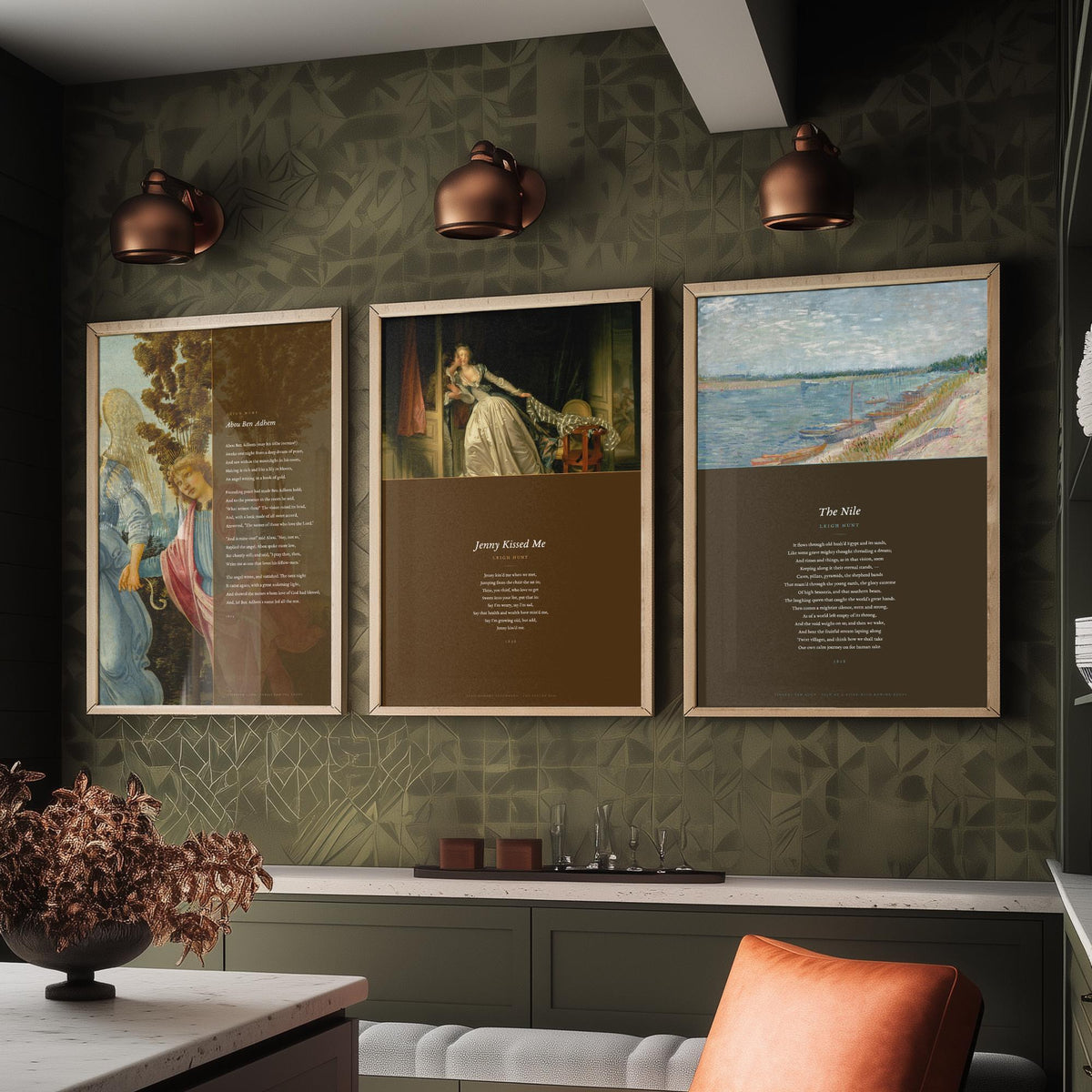 Leigh Hunt Poems Set of Three Art Prints - Abou Ben Adhem, Jenny Kissed Me, The Nile - Full Poems over Classic Paintings Poster Triptych