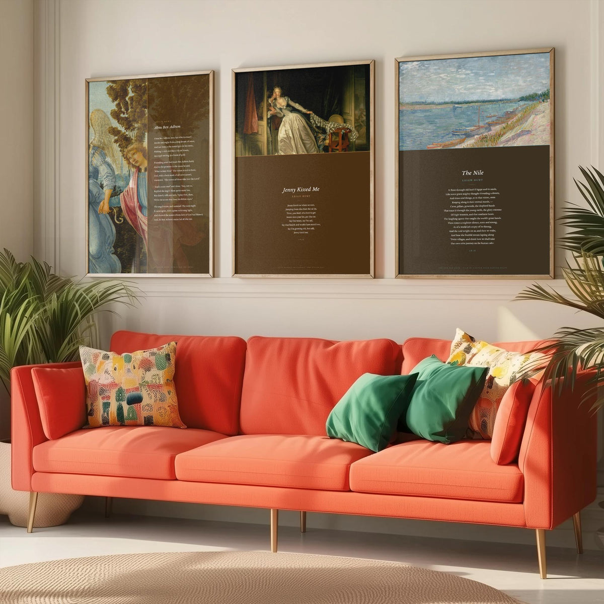 Leigh Hunt Poems Set of Three Art Prints - Abou Ben Adhem, Jenny Kissed Me, The Nile - Full Poems over Classic Paintings Poster Triptych