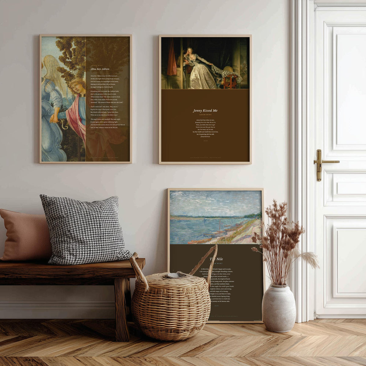 Leigh Hunt Poems Set of Three Art Prints - Abou Ben Adhem, Jenny Kissed Me, The Nile - Full Poems over Classic Paintings Poster Triptych