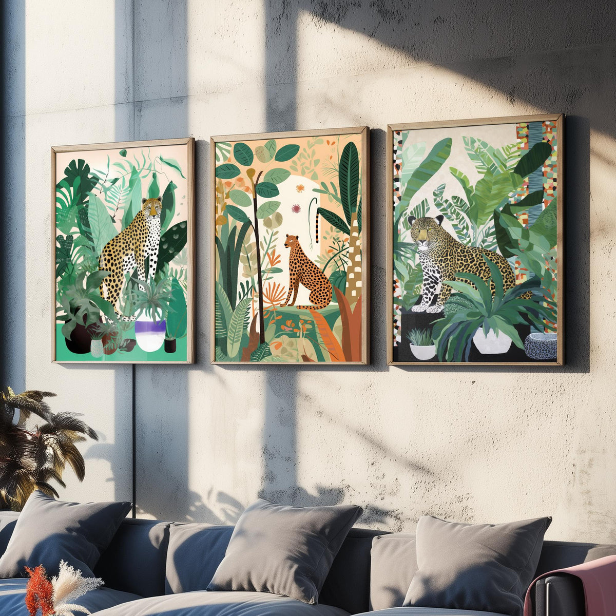 Leopards and Cheetahs in a Botanical Garden Set of Three Art Prints - Big Cats among Houseplants - Modern Jungle Poster Illustration