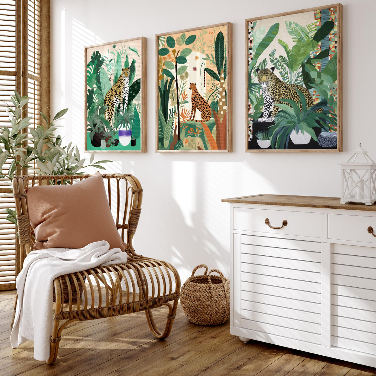 Leopards and Cheetahs in a Botanical Garden Set of Three Art Prints - Big Cats among Houseplants - Modern Jungle Poster Illustration