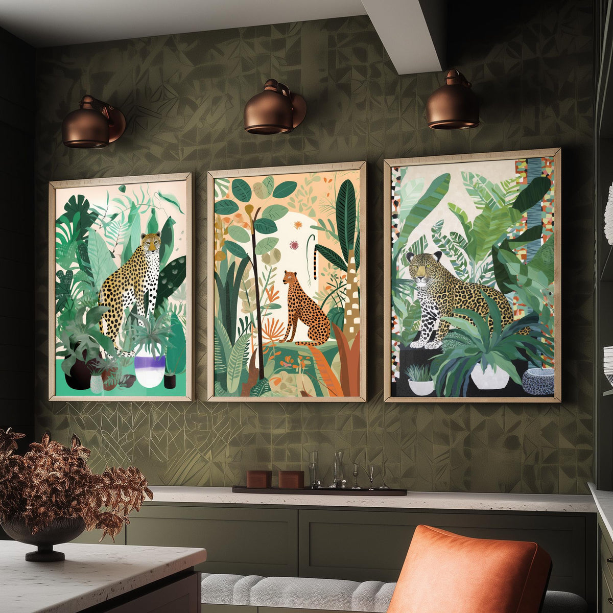 Leopards and Cheetahs in a Botanical Garden Set of Three Art Prints - Big Cats among Houseplants - Modern Jungle Poster Illustration