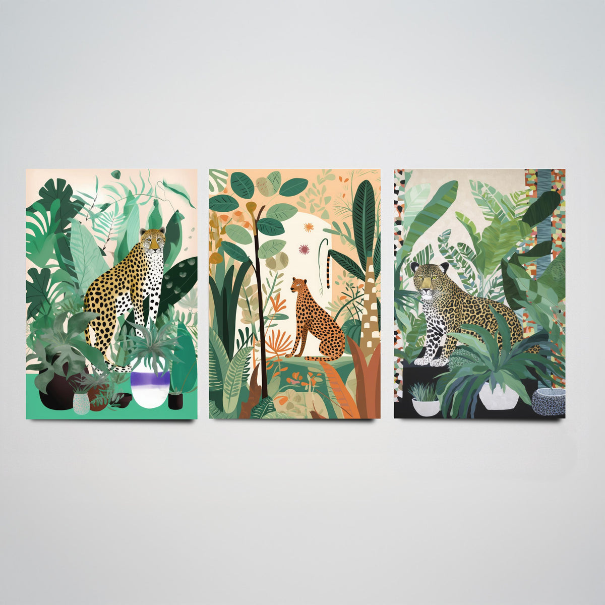 Leopards and Cheetahs in a Botanical Garden Set of Three Art Prints - Big Cats among Houseplants - Modern Jungle Poster Illustration
